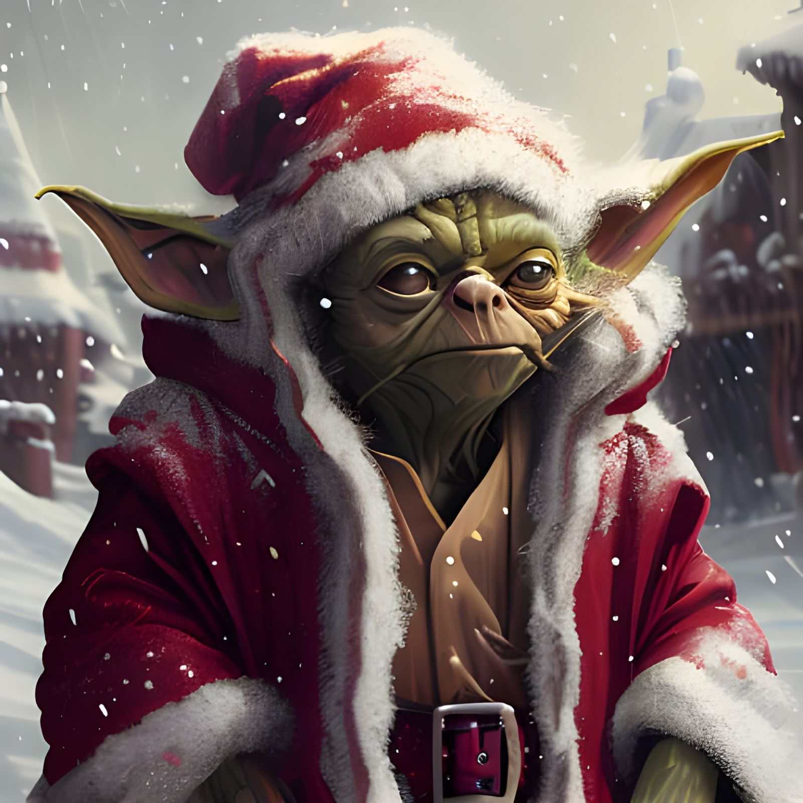 Yoda as Santa in Snow, Hyperdetailed Portrait