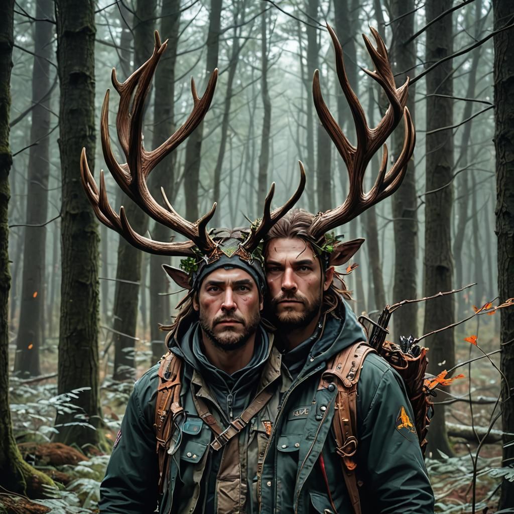 Hunter with Antlers in the Woods: Color Pencil Sketch