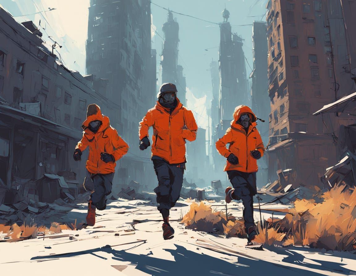 Cyberpunk Joggers in Sync, Set in a Bustling Cityscape