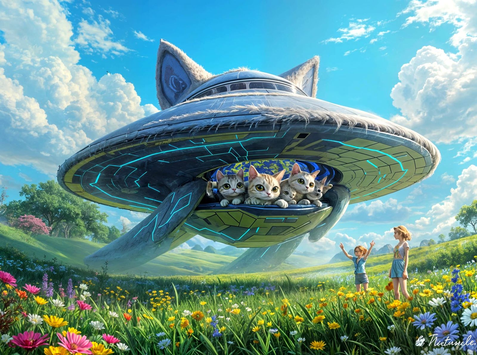 Cat UFO Lands on Earth in Colorful Meadow