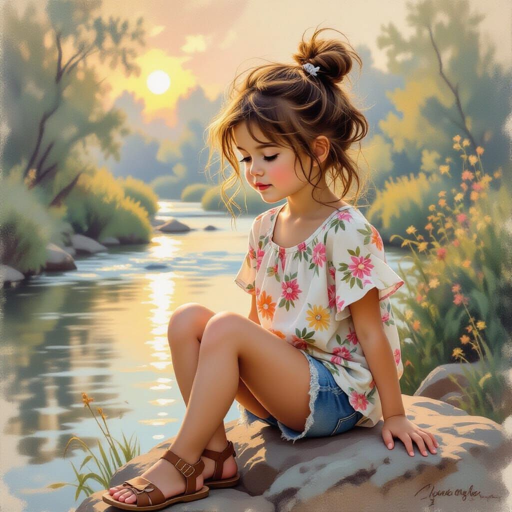 Girl by River in Impressionistic Style