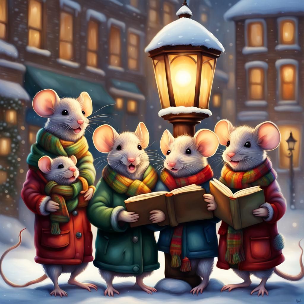 Mice Singing Christmas Carols Under Lamppost