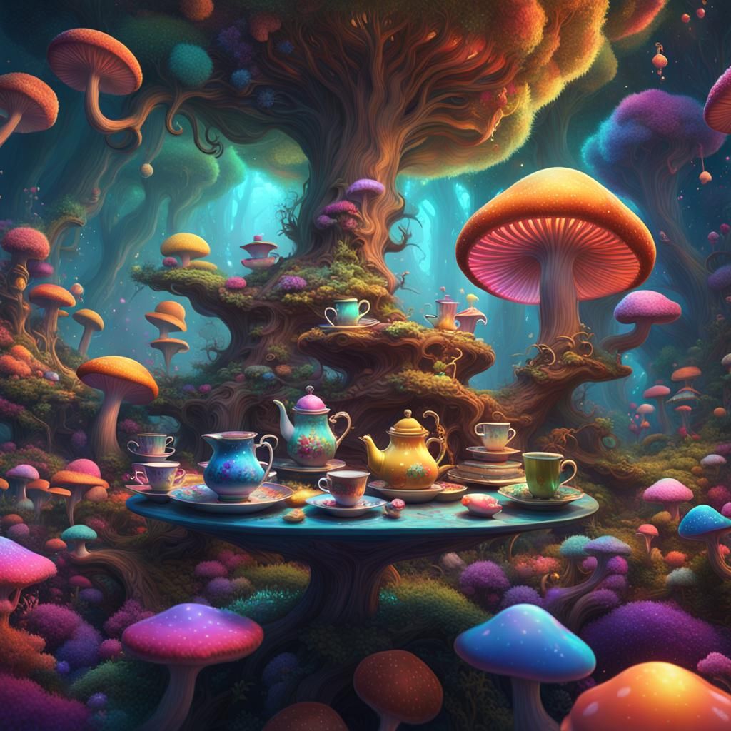 Psychedelic Tea Party Wonderland with Fluffy Creature