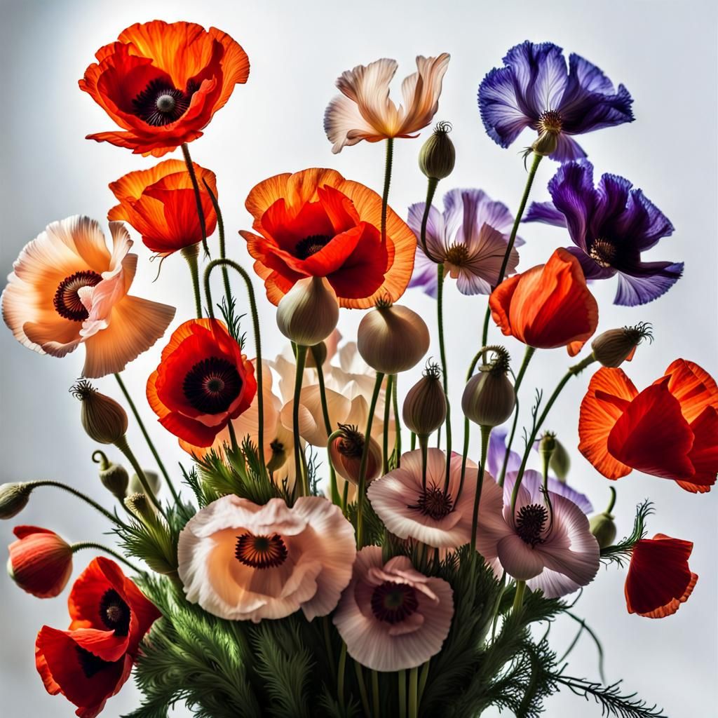 Photorealistic Still Life of Garden Flowers in Oblique Light...