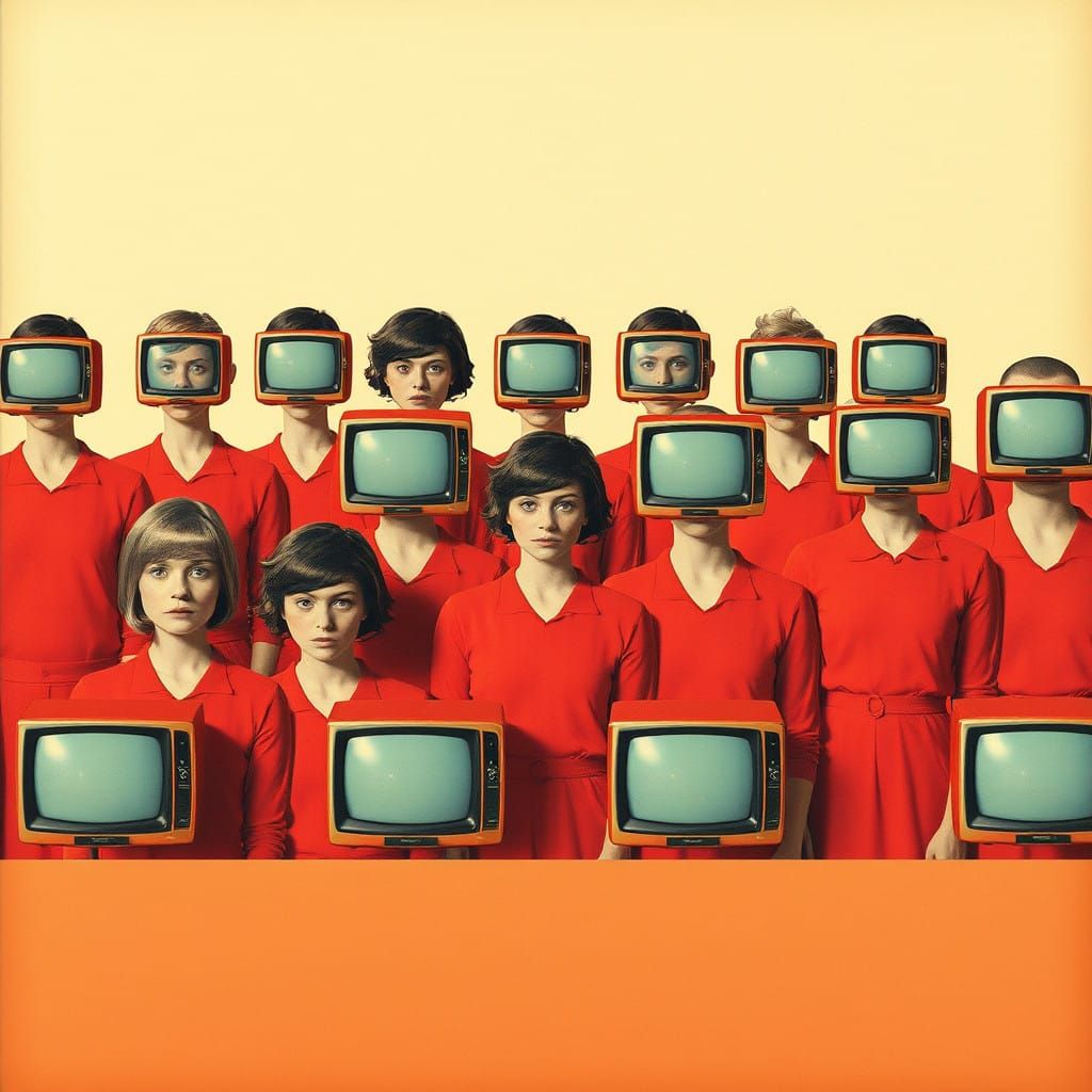 People in Red Attire Stand in Line, Surrounded by Retro TVs