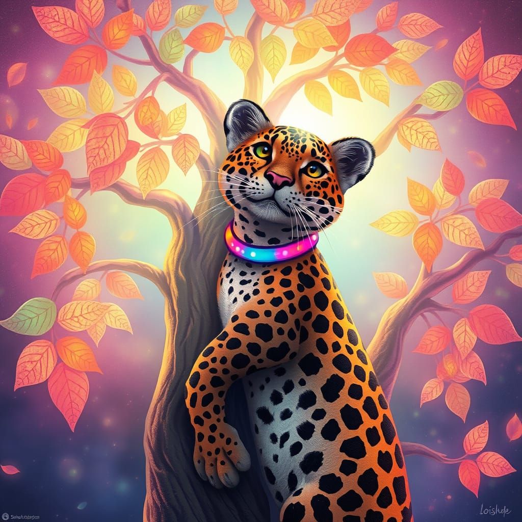 Leopard Climbing a Rainbow Tree: Whimsical Digital Art