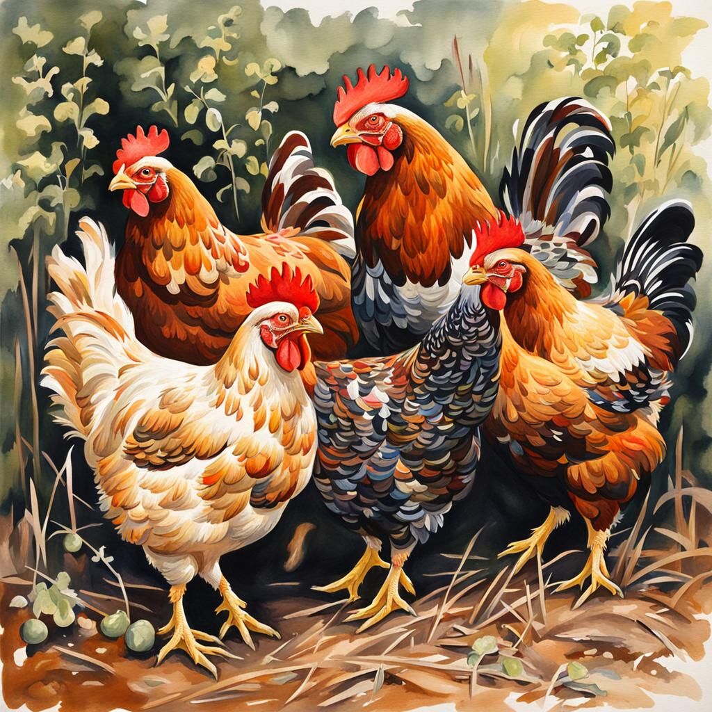 Detailed Gouache Painting of Chickens