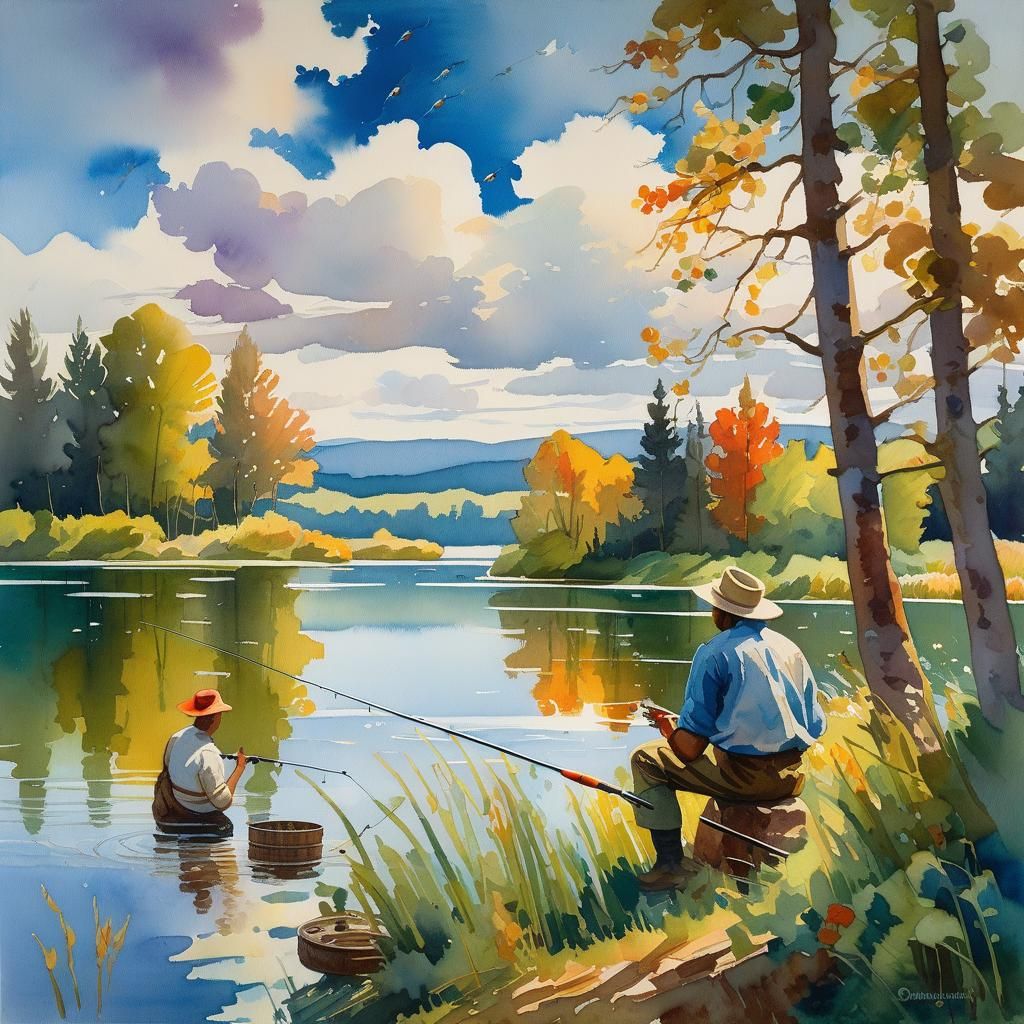 Surreal Fisherman in Impressionist Gouache Style