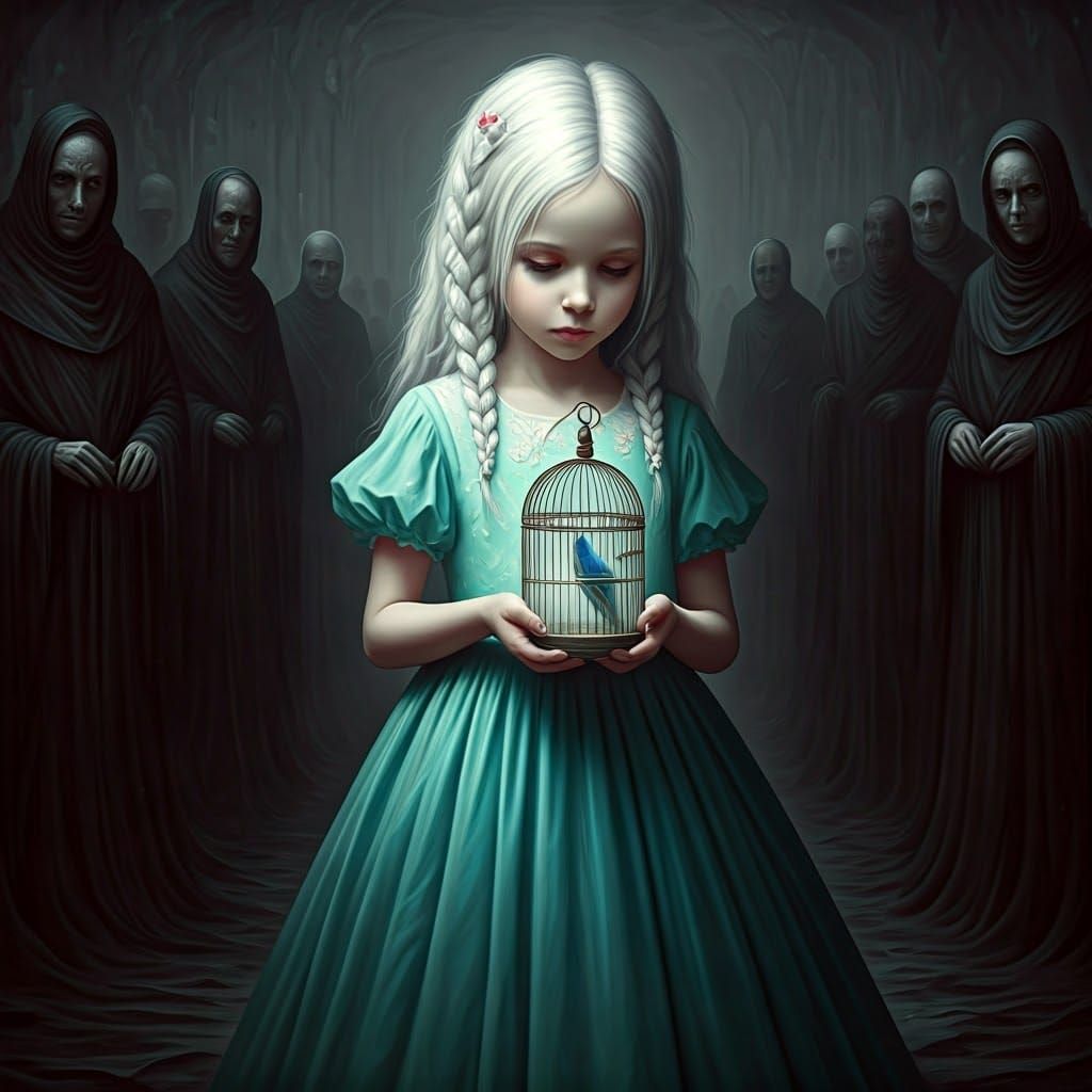 Girl with Canary in Fantasy Oil Painting