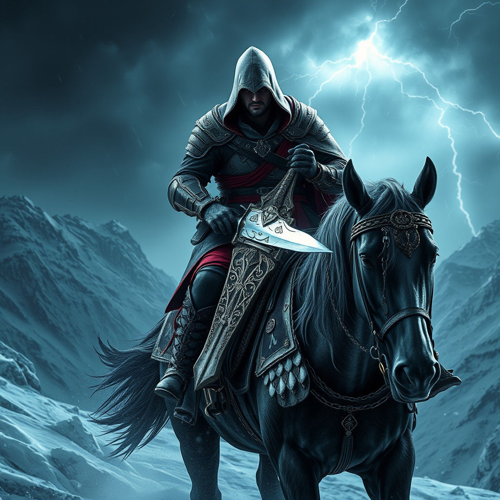 Assassin's Creed Warrior on Horseback in Icy Storm