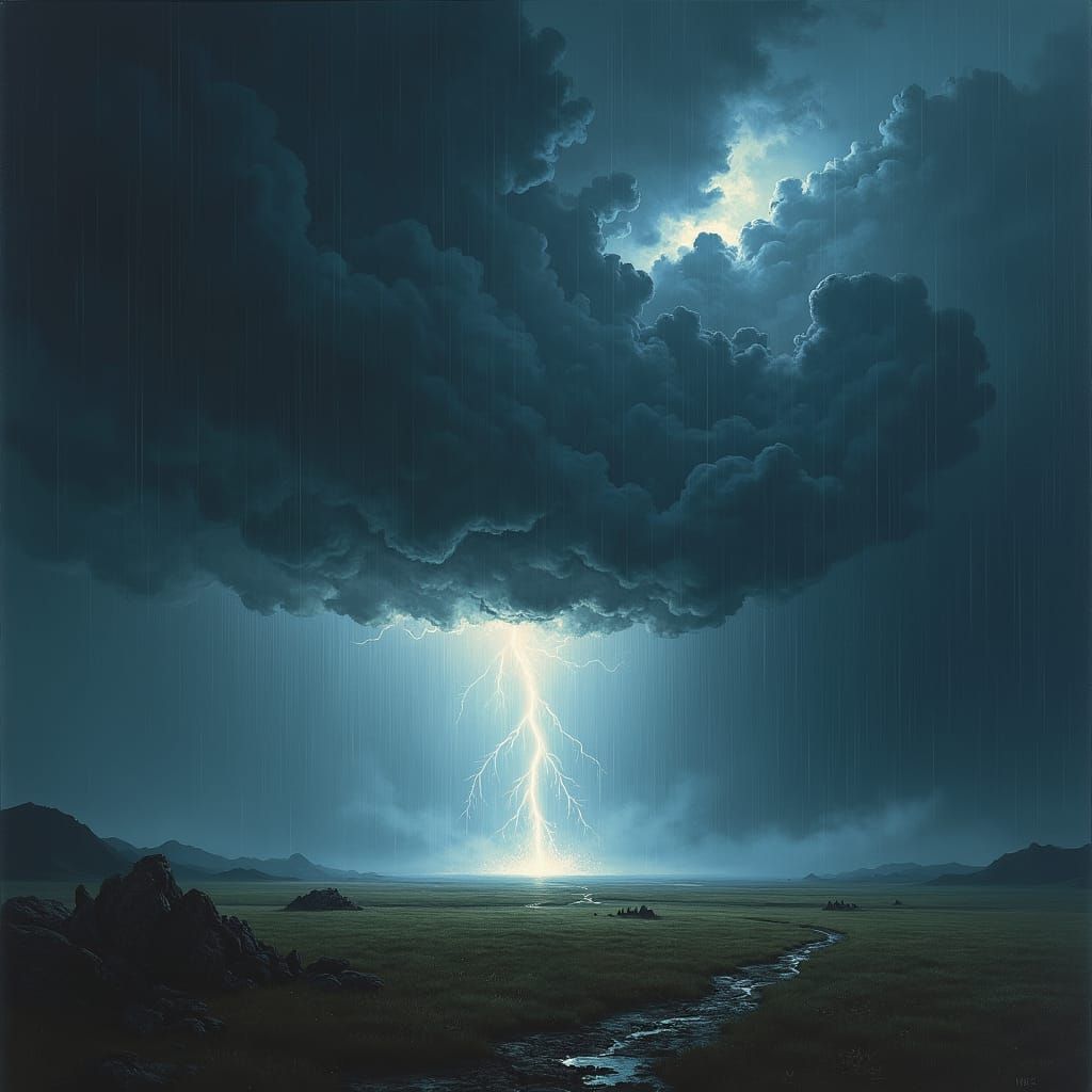 Stormy Landscape with Lightning Strike in Dark Fantasy Style