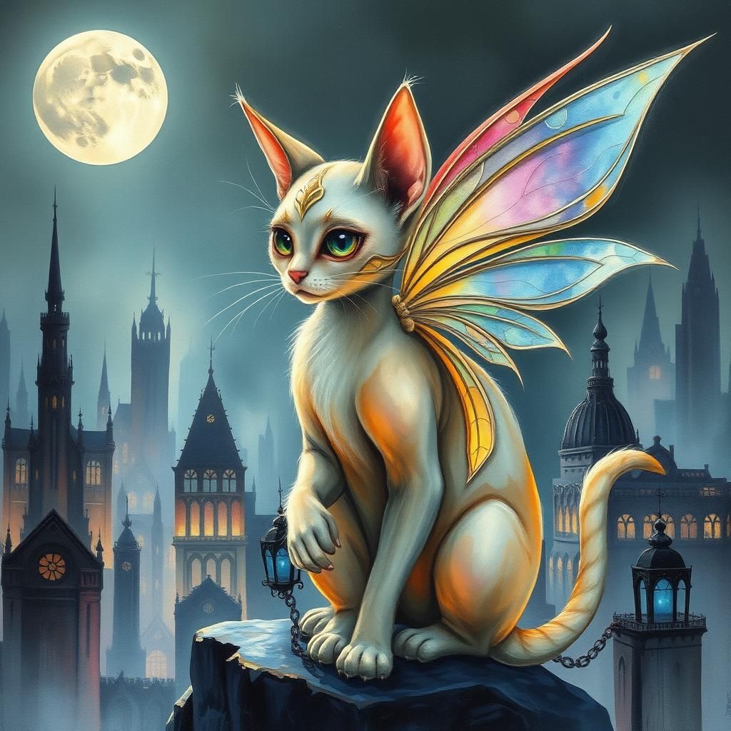 Fairy Elf Cat in Surreal Art Deco Style