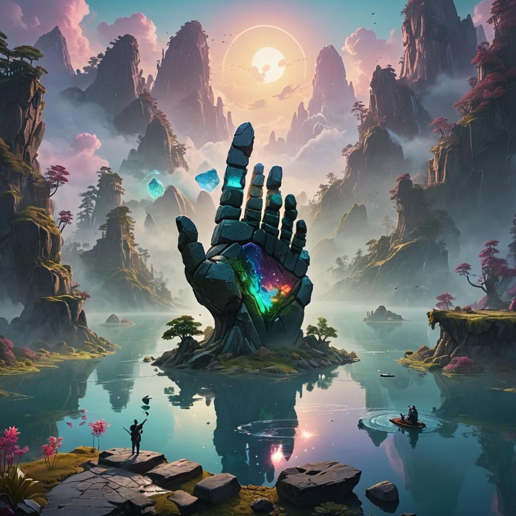 Stone Handshake Concept Art in Dreamy Landscape
