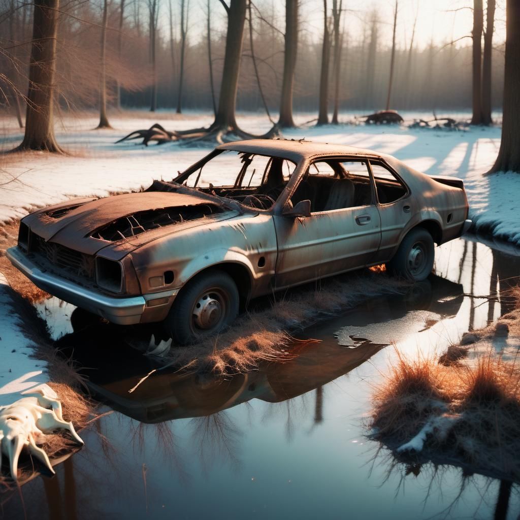 Burnt Car Wreck by Forest Pond in Winter