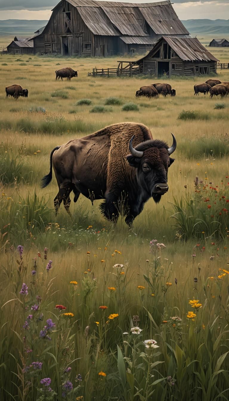 Bison Herd Grazing in Wildflower Meadow