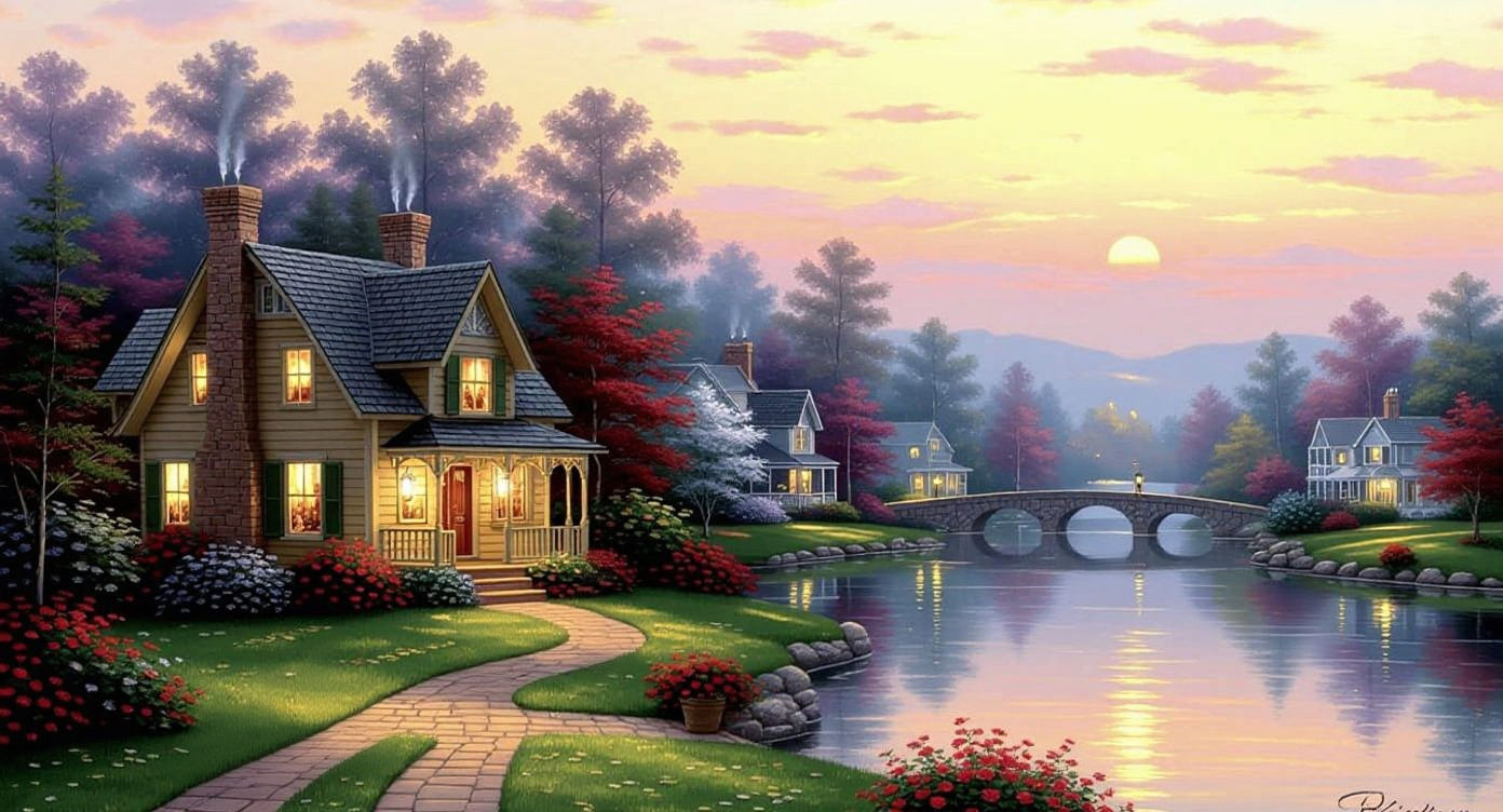 Thomas Kinkade Style Amber Yearning Landscape