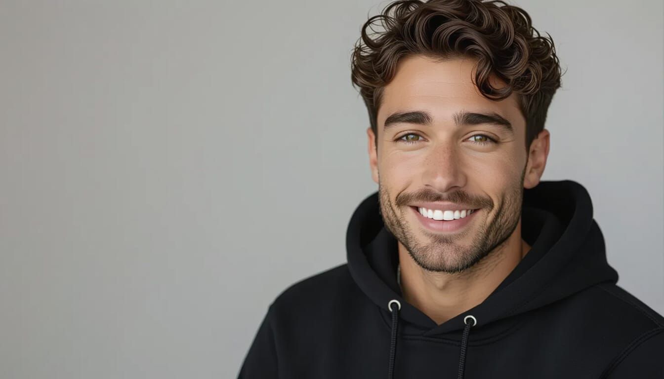 Handsome Man with Curly Hair in Studio Portrait
