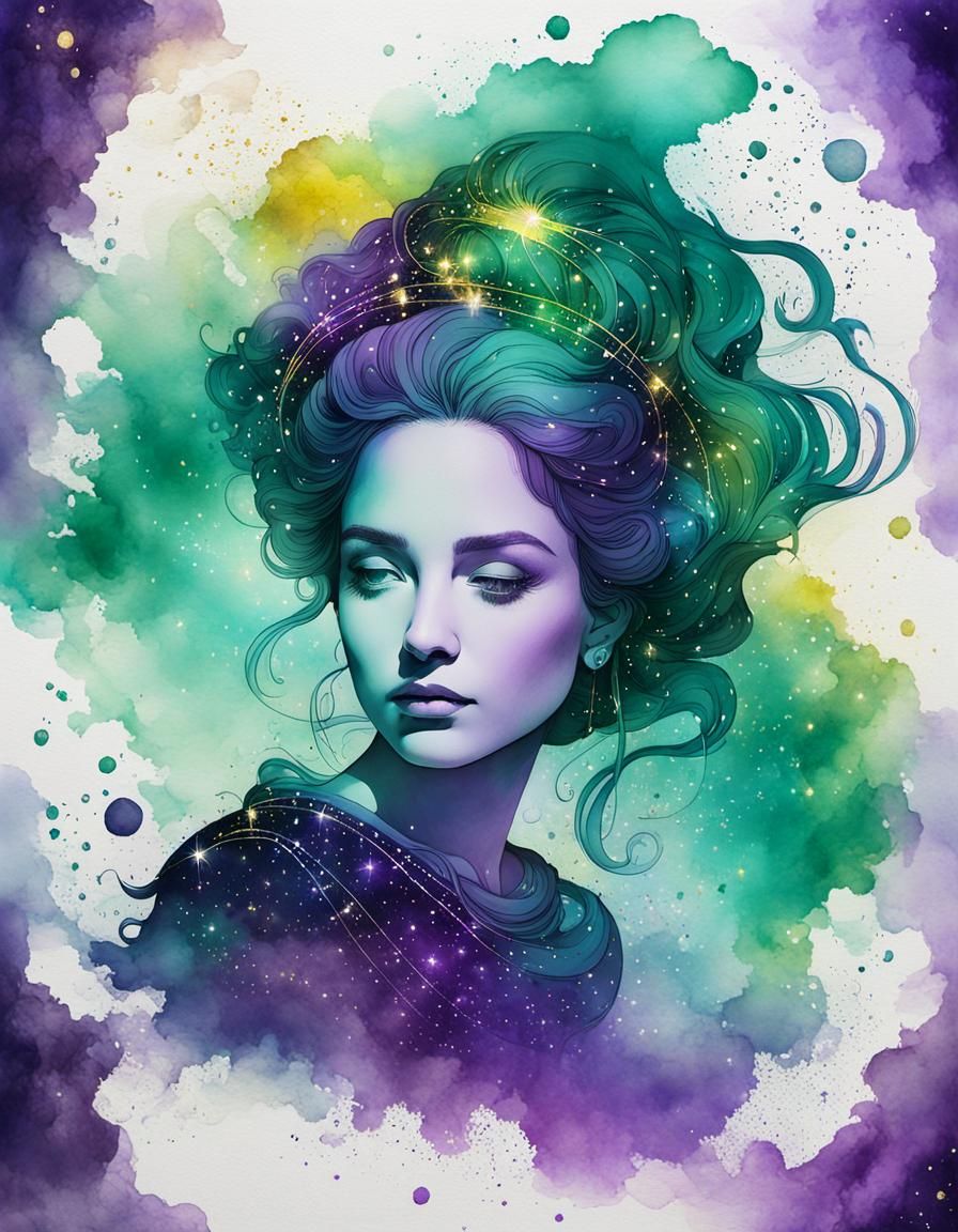 Aquarius Woman: Line Art and Watercolor Constellation
