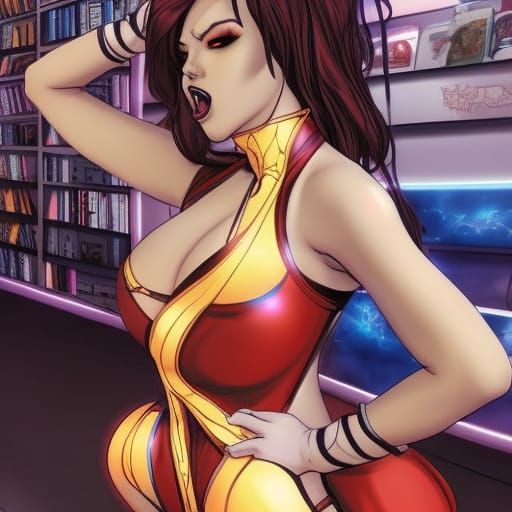 Curvy Cosplay Superhero in Comic Book Store