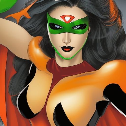 Bold Superheroine with Flowing Hair in Orange and Black