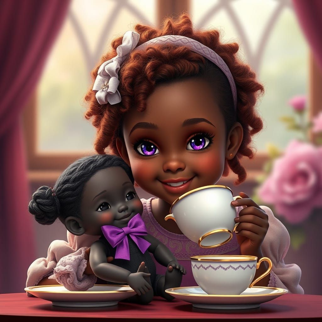 Little Girl Indulges in Whimsical Tea Party with Doll, Set i...