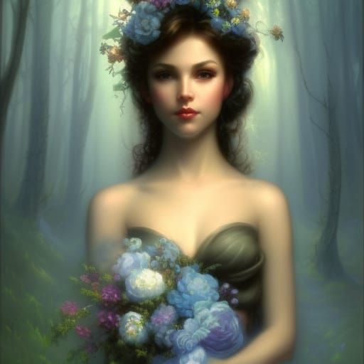 80s dark fantasy good witch with black hair& blue eyes& blue dress with blue roses& hold a doves