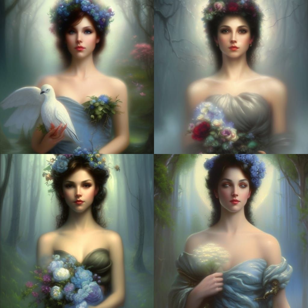 80s dark fantasy good witch with black hair& blue eyes& blue dress with blue roses& hold a doves