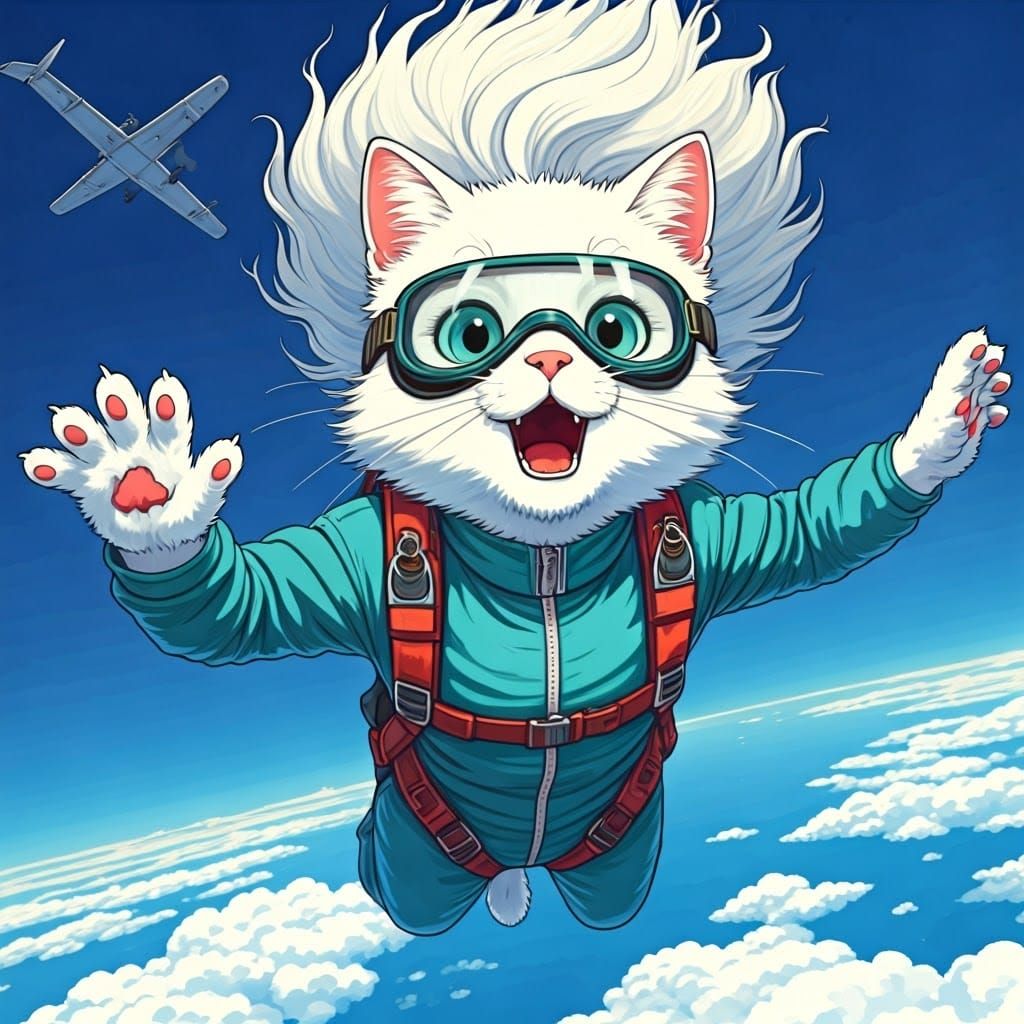 Anime Cat Skydiving in 80s Outfit