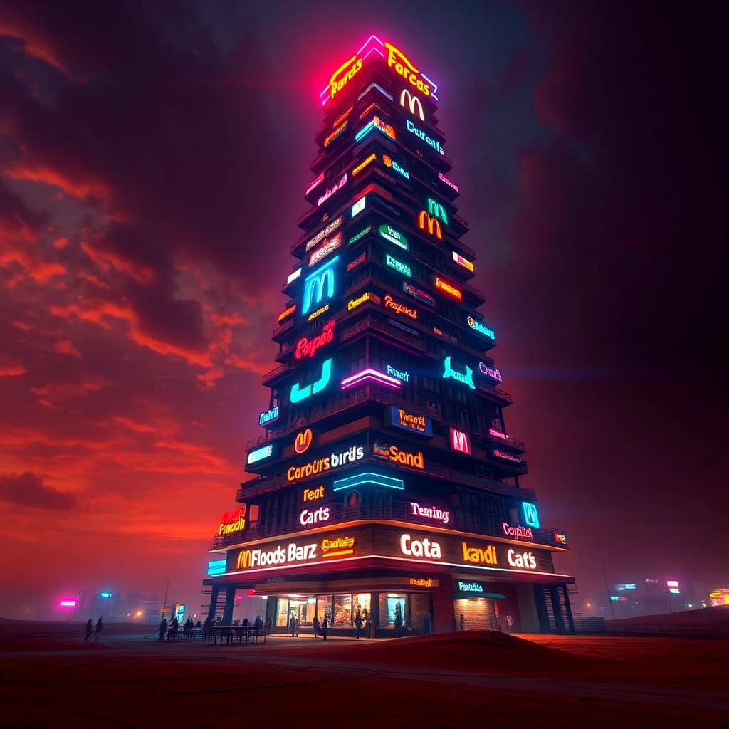 Tower of Babel Constructed from Fast Food Restaurants