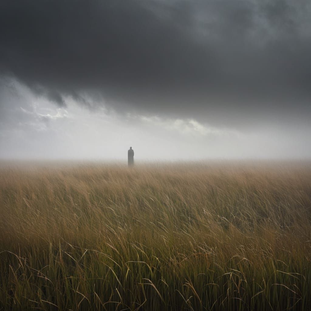 A Figure of Serenity in a Storm-Scoured Field