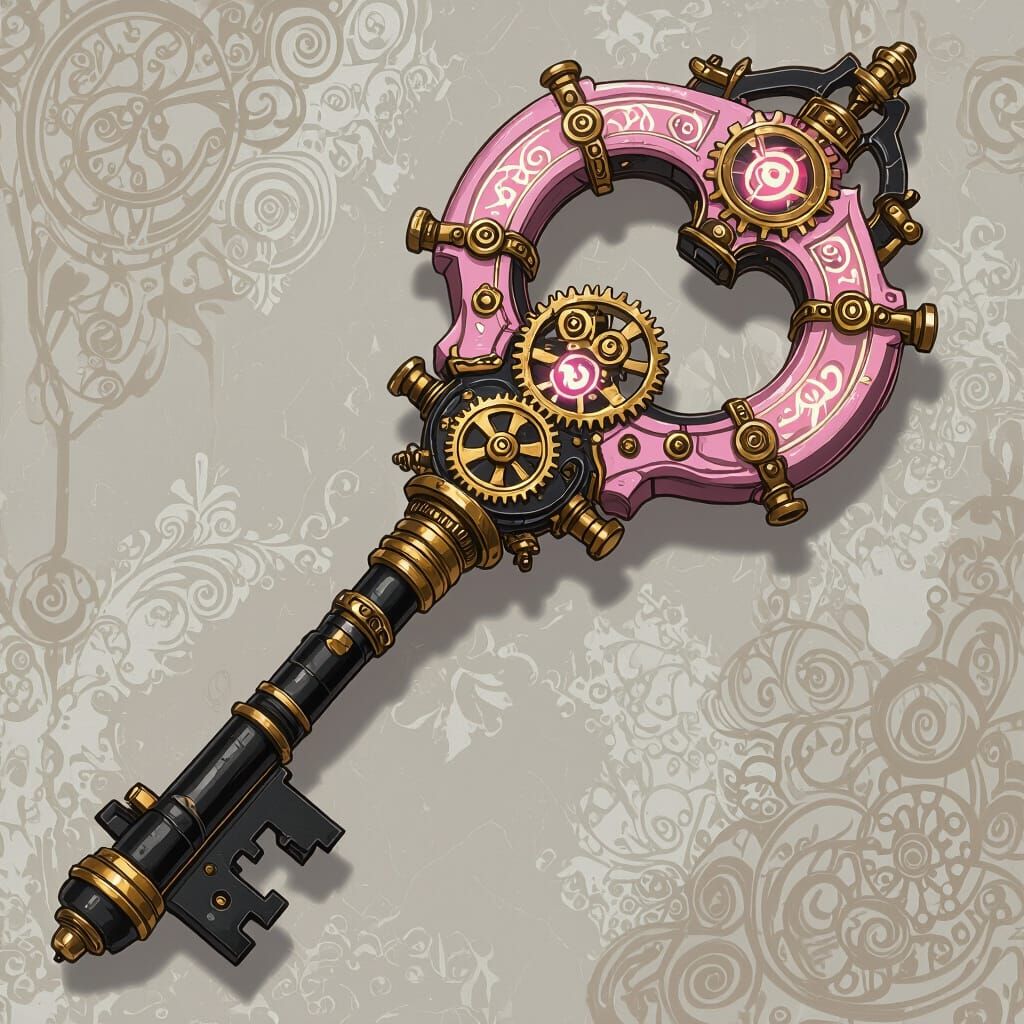 Steampunk Keyblade with Gears in Pink, Gold, and Black
