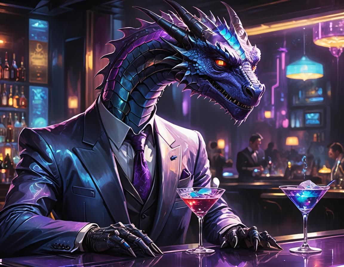 Humanoid Dragon Sipping Martini in Sci-Fi Space Bar