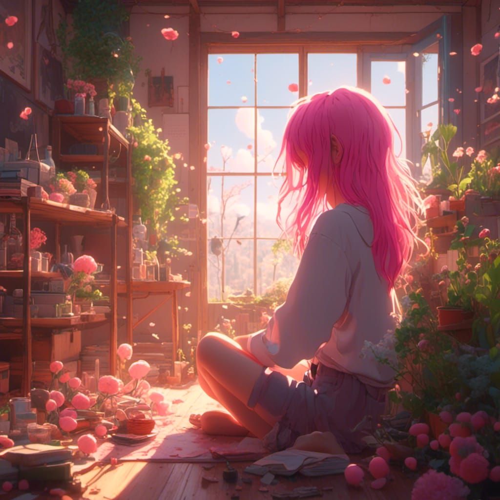 Anime Girl with Pink and Red Hair in Ghibli Style