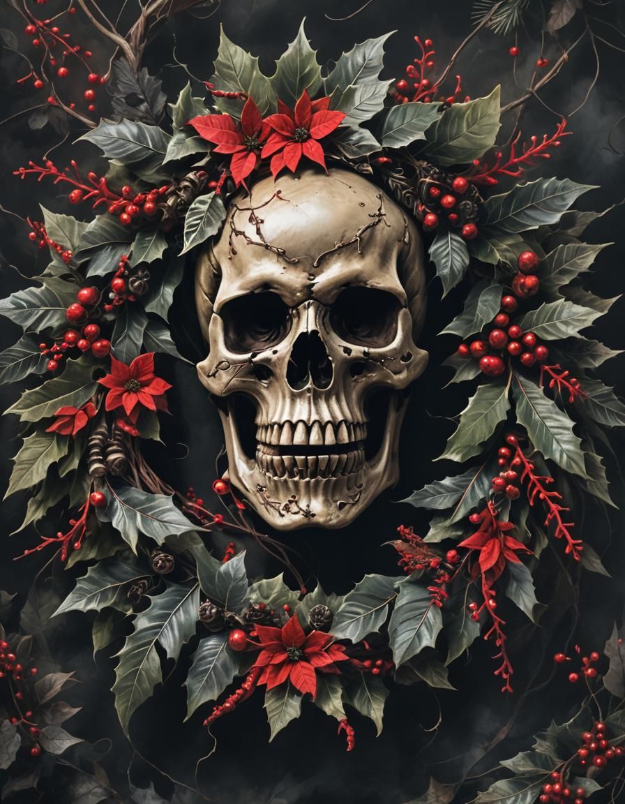 Skull Christmas Wreath in Dark Fantasy Style