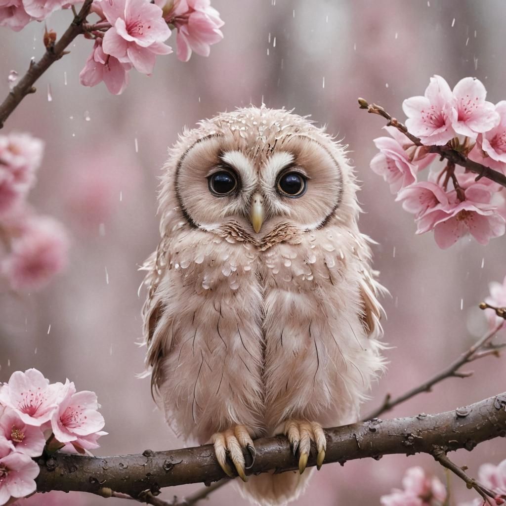 cute adorable fluffy baby owl with soft, pastel pink feathers. The owl should have large, expres...