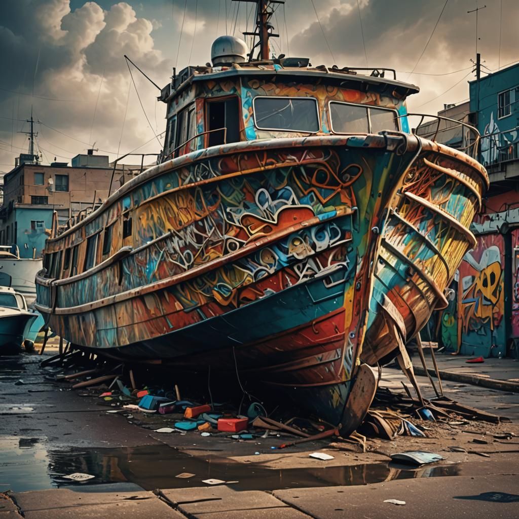 Walking Boat Graffiti Art in Hyperrealistic Style