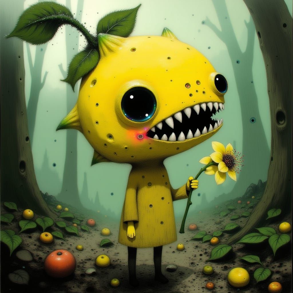 Vibrant Whimsical Lemon Monster in Dreamlike Landscape