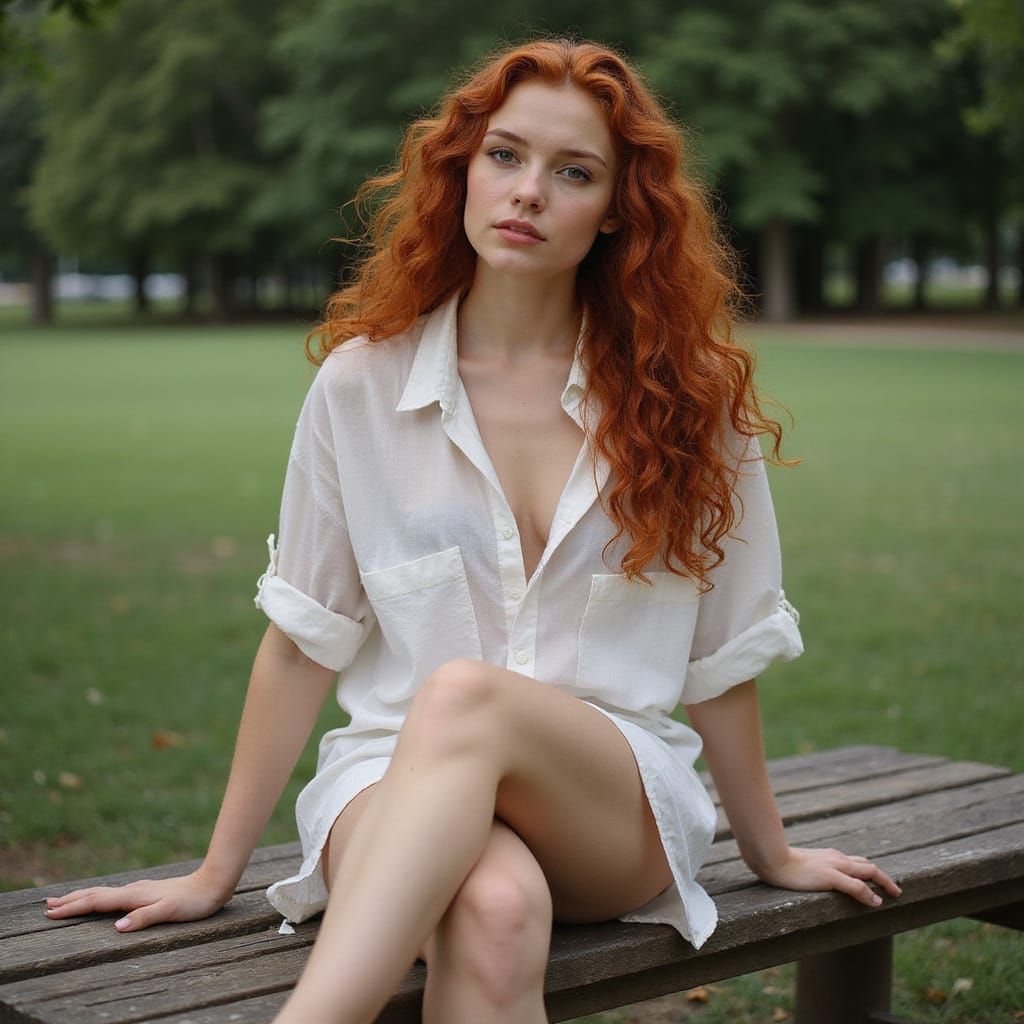 Woman Relaxing on Park Bench With Red Curly Hair