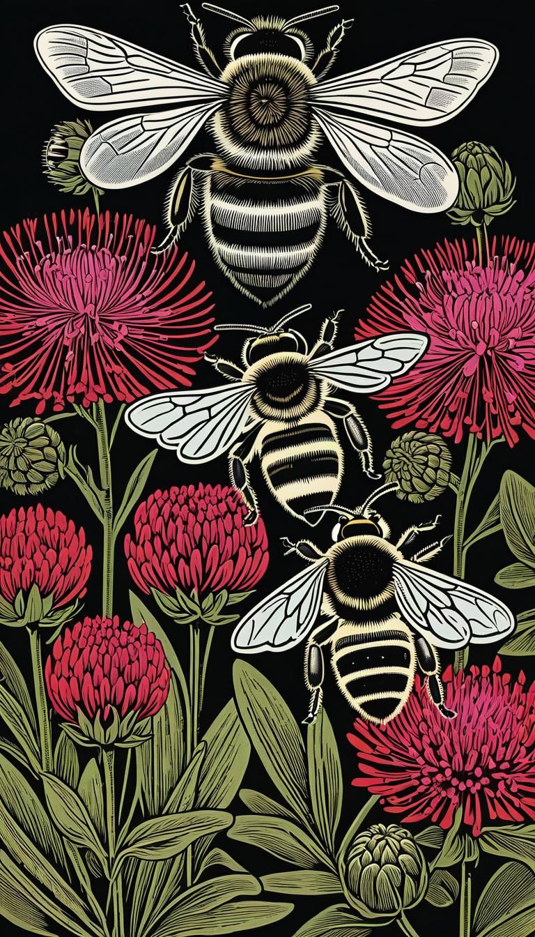 Honey Bees and Wildflowers in Woodcut Style
