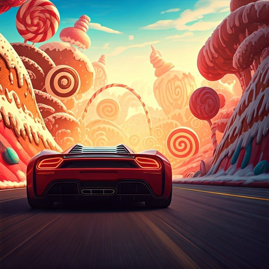 Supercar Races Through Candyland, a Gouache Painting