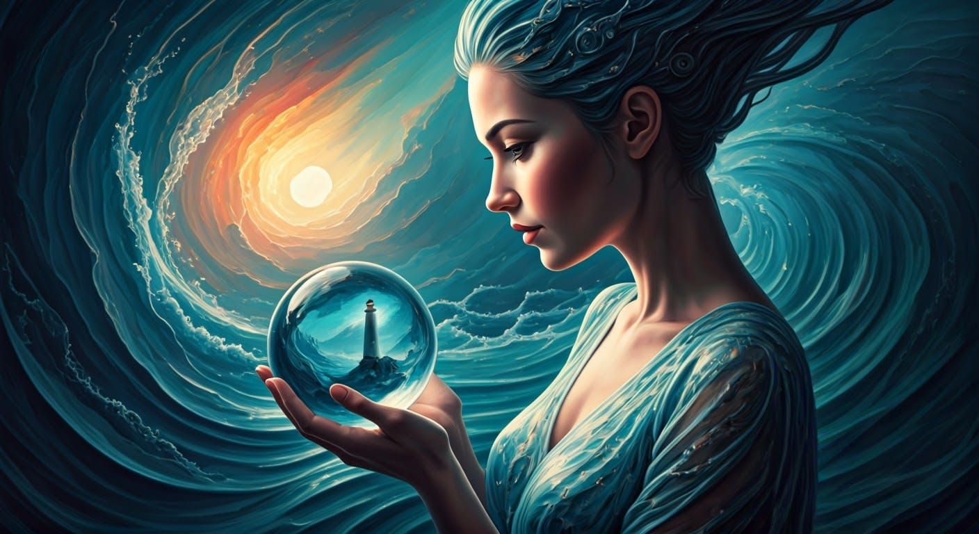 Mystical Woman in Crystal Ball, Dreamlike Lighthouse Scene i...