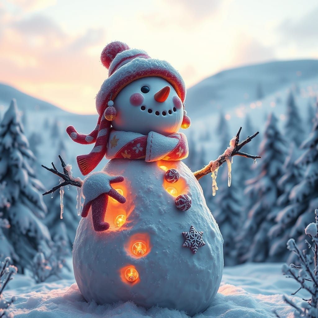 Whimsical Winter Wonderland Snowman, 3D Rendered in Fantasy....