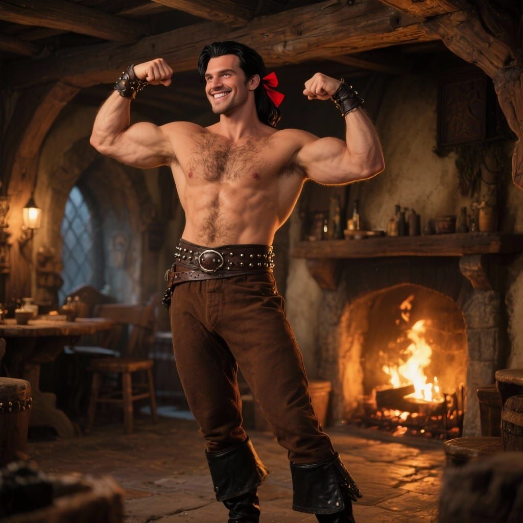 Gaston Flexes Biceps in Medieval Pub, Photorealistic Cinemat...