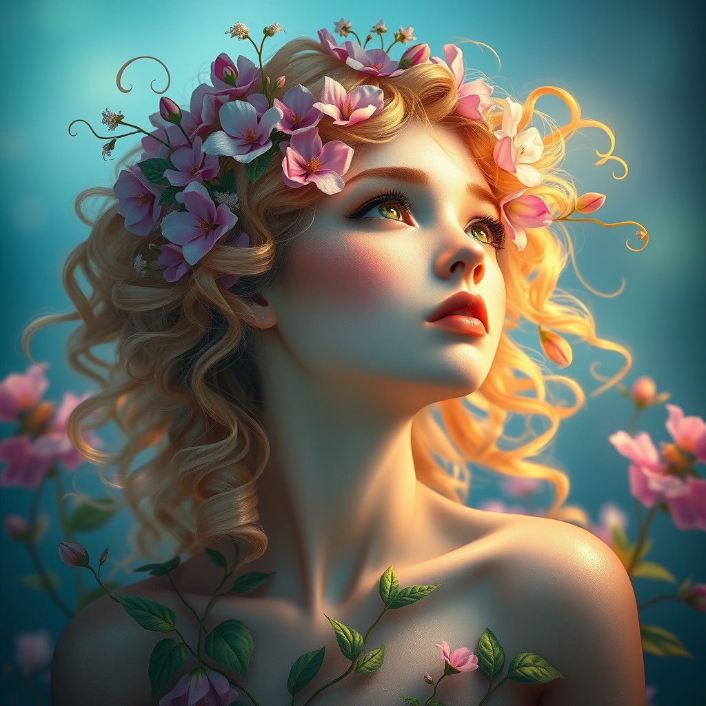 Ethereal Flower Girl Portrait in Art Nouveau Style