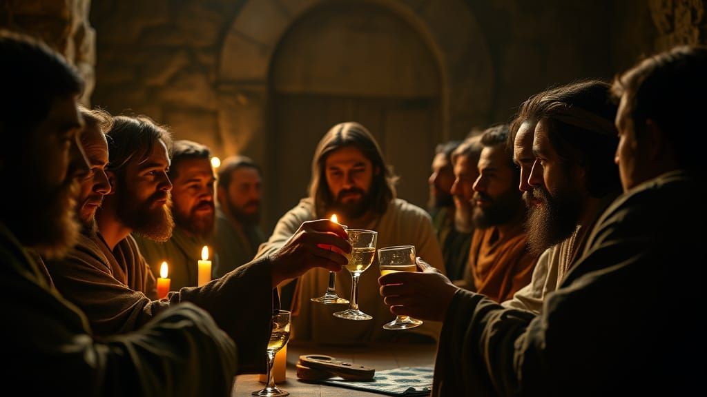 Jesus Shares Wine with Apostles in Candlelit Upper Room