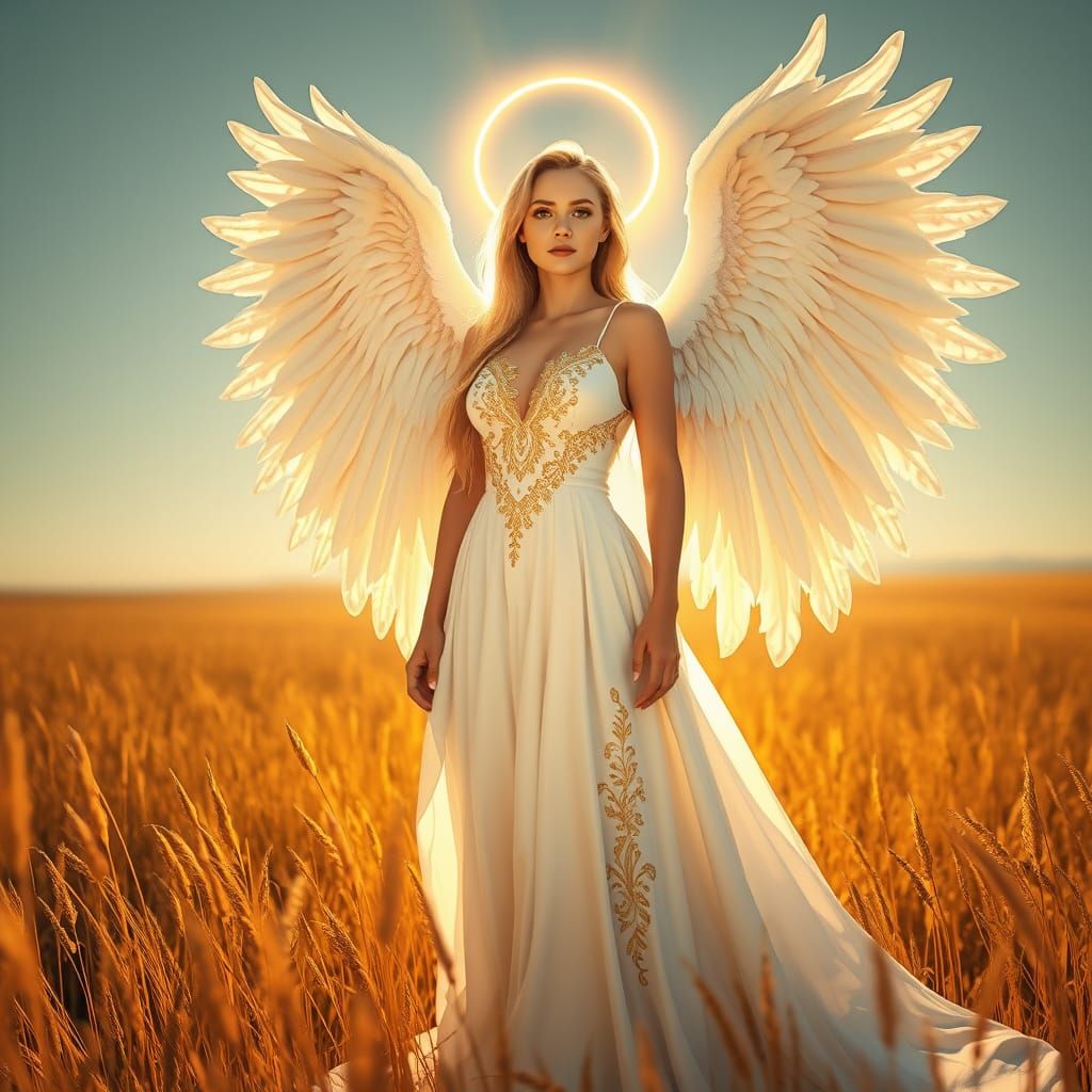 Beautiful Angel in Golden Field, 3D Render