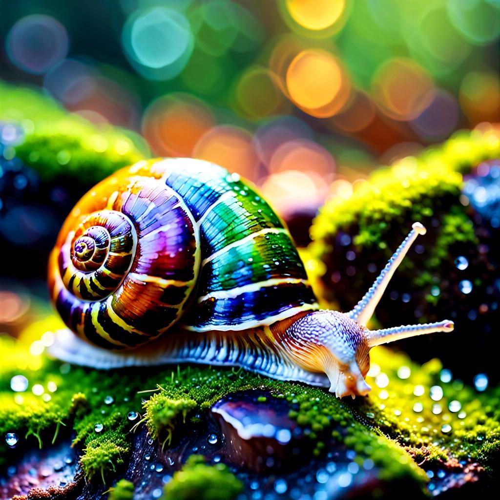 Iridescent Snail on Moss in Impressionist Oil Painting