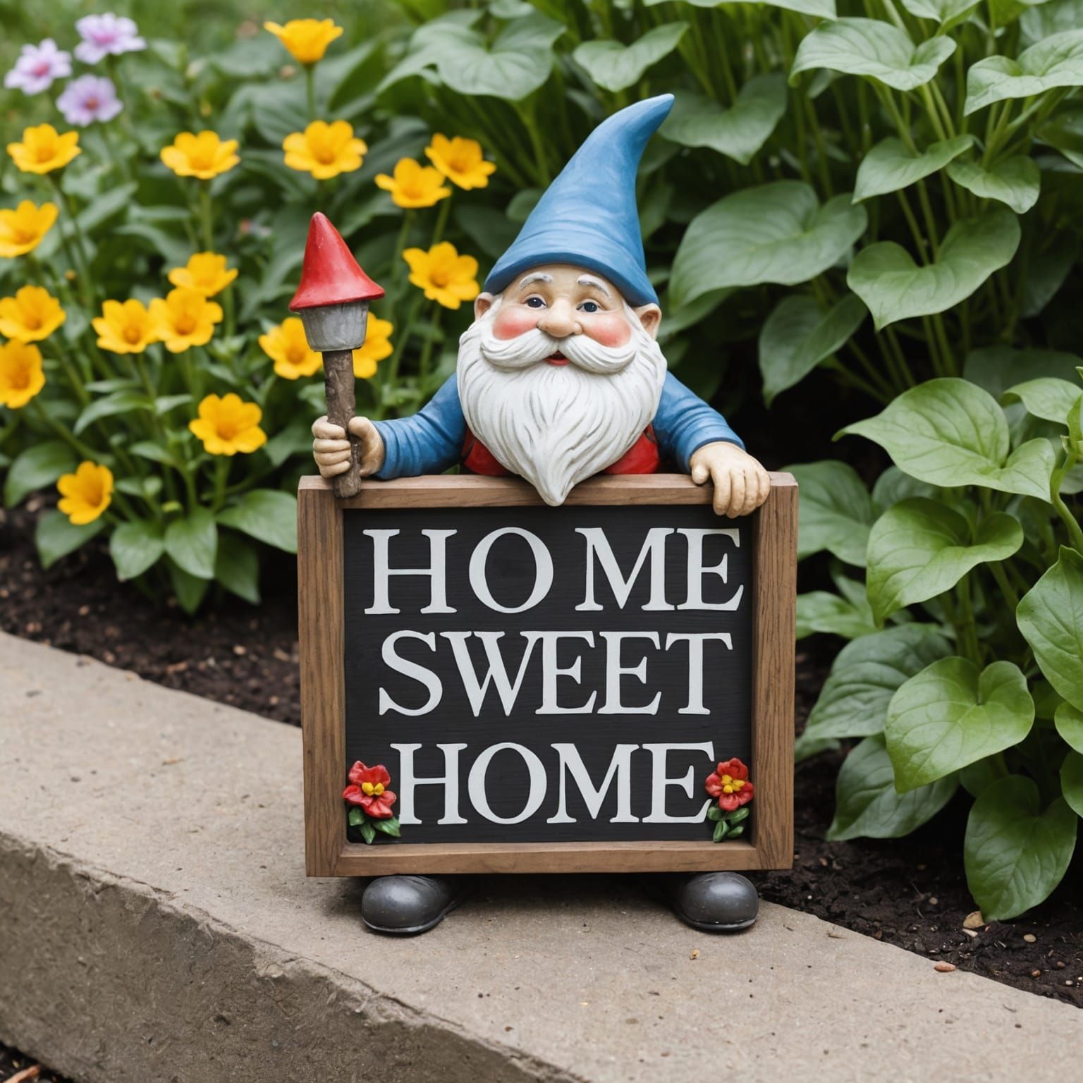 Whimsical Garden Gnome Holding Home Sign