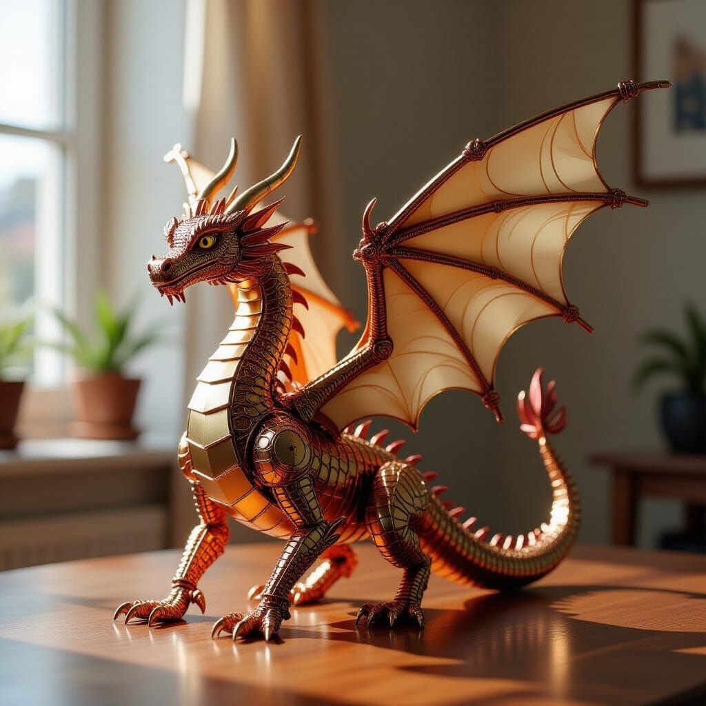 Golden Copper Wire Dragon Sculpture on Table