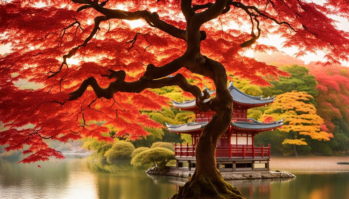 Japanese Autumn Landscape with Red Maple